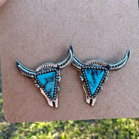 Turquoise Steer Skull Stud Earrings - Picture 2 of 4